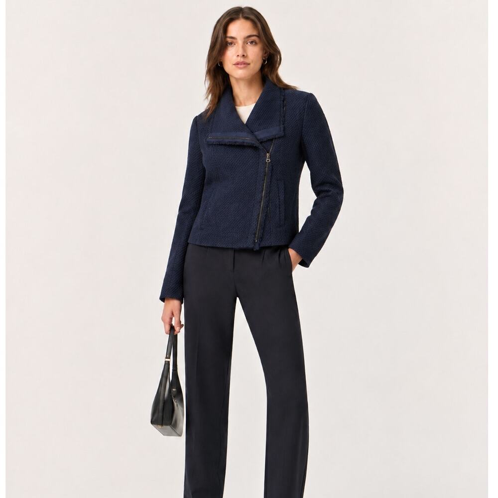 Vince Navy Blue Tweed Asymmetrical Zip Blazer Jacket Womens XS Preppy Classic
